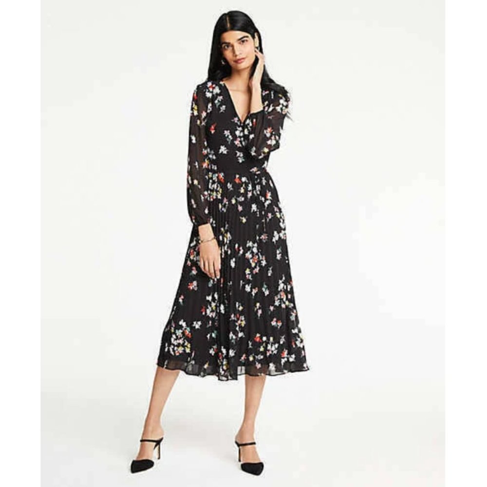 Ann Taylor Meadow Floral Pleated Wrap Dress Midi, Size 00